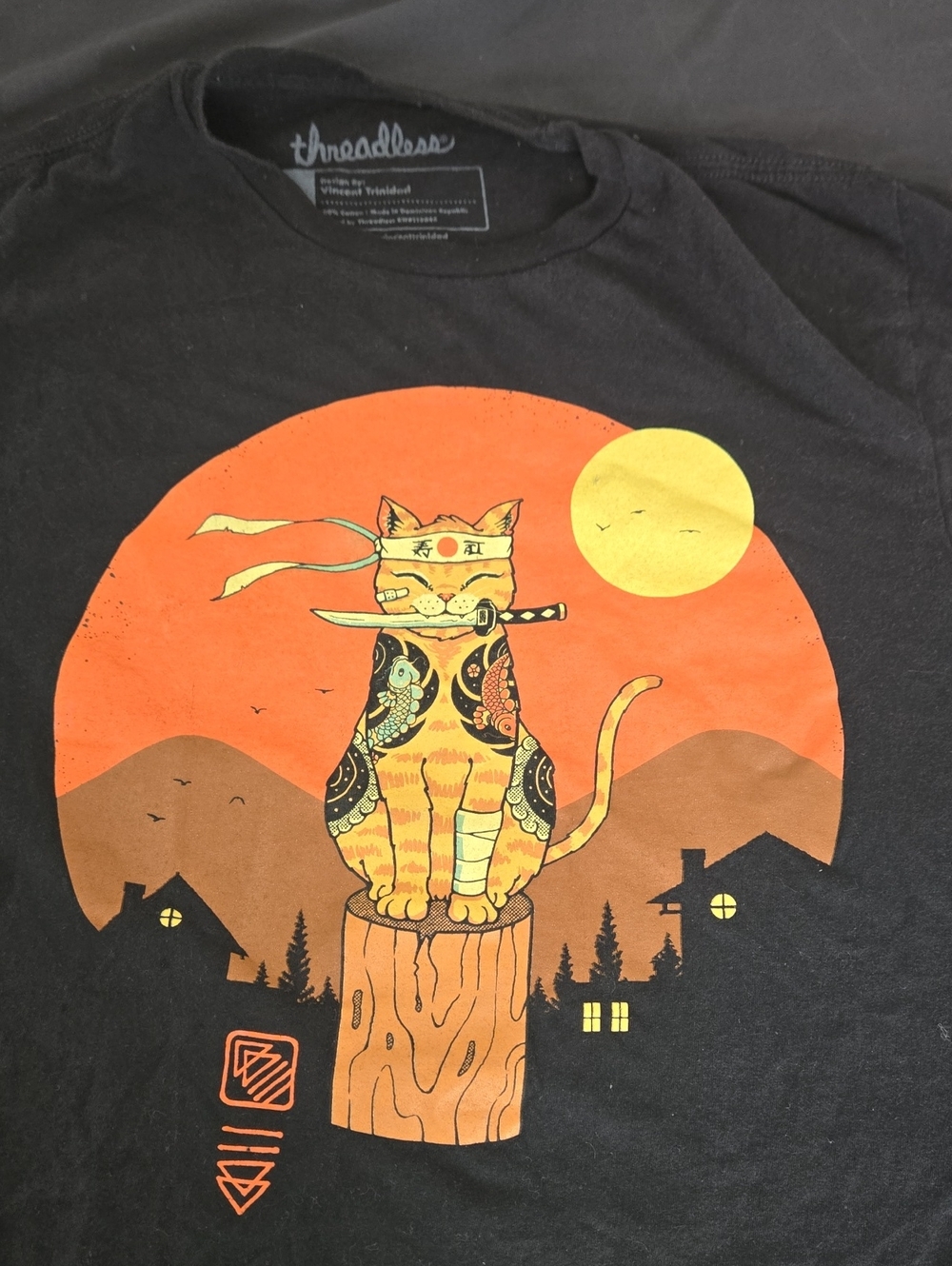 Threadless Black Tee with Orange and Yellow Ninja Cat Graphic
